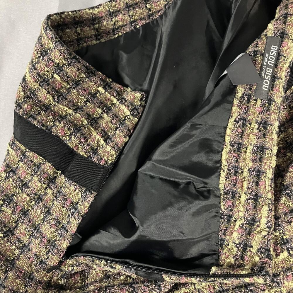 Bisou Bisou Skirt Womens 6 Black Pink Green Tweed Boucle Mini Fringe Lined‎ - Picture 9 of 10